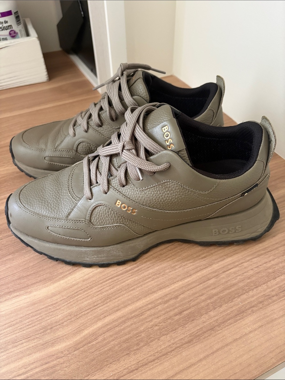 BOSS Olive Green Leather Lace-Up Sneakers